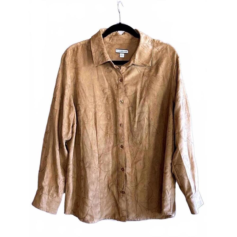 Croft & Barrow Womens Shirt XL Brown Tan Embroidered Button Long Sleeve Western
